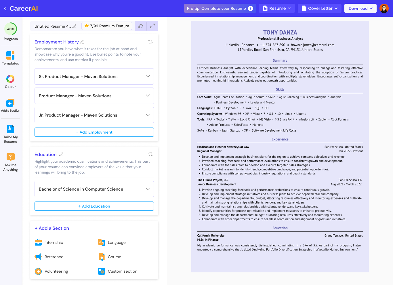 CareerAI Resume Builder Interface